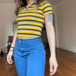 “ love j “ Pull Ring Striped Crop T-Shirt | Multi-Color